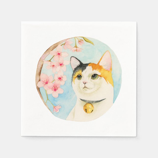 Hanami | Calico Cat and Cherry Blossom Watercolor Napkin (Front)