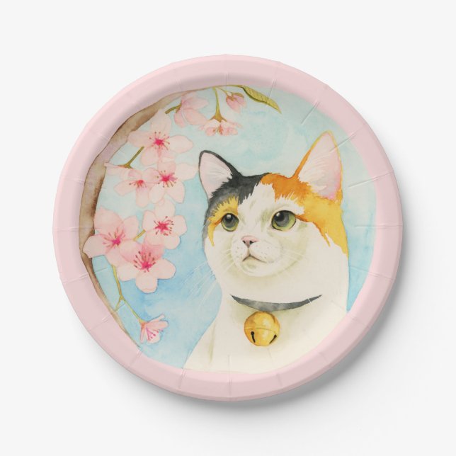 Hanami | Calico Cat and Cherry Blossom Watercolor Paper Plate (Front)