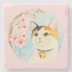 Hanami   Calico Cat and Cherry Blossom Watercolor Stone Coaster