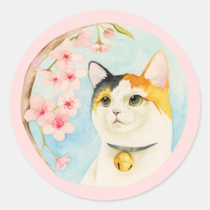 Hanami   Cute Calico Cat and Flowers Watercolor Classic Round Sticker