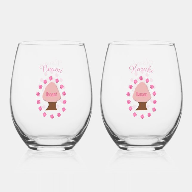Hanami Japanese Cherry Tree Custom Names Stemless Wine Glass (Front)