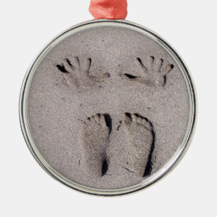 Hand and Feet prints in Florida beach sand Metal Tree Decoration