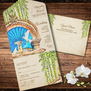 Hand Blue Arch Baroque Rustic Mexican Wedding All In One Invitation