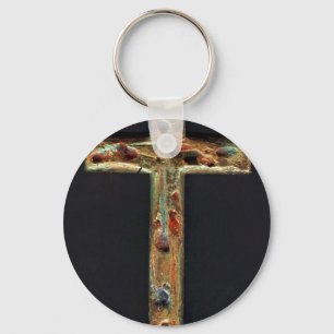 Hand Carved Gold Cross Key Ring
