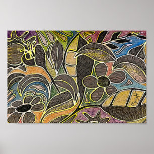 Hand Carved Leaves and Flowers - in Orange Blue Poster