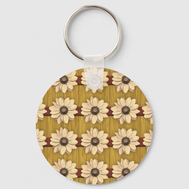 Hand Carved Wooden Daisies Key Ring (Front)