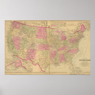 Hand colored lithographed map of the United States Poster