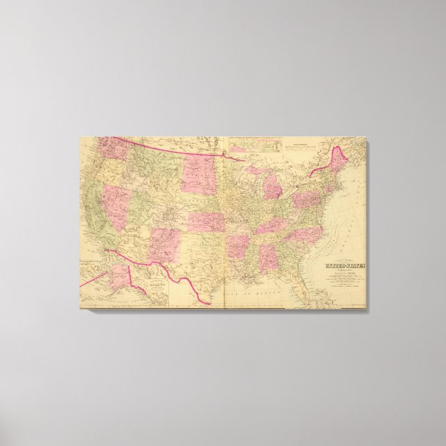 Hand coloured lithographed map of the United State Canvas Print (Front)