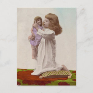Hand Coloured Little Girl and Her Doll Vintage Postcard