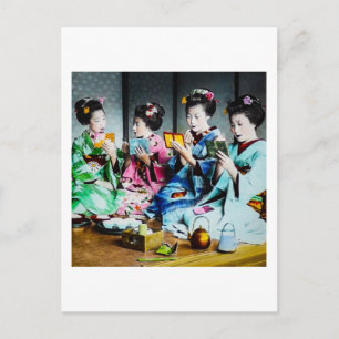Hand Coloured Vintage Geisha Gathering Postcard