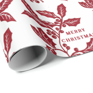 Hand-created Holly Linocut Christmas artwork  Wrapping Paper