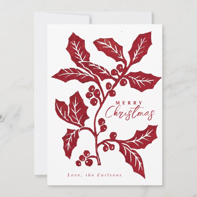 Hand-Created linocut holly artwork Christmas card (Front)