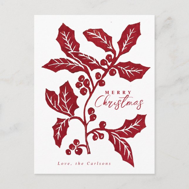 Hand-Created linocut holly artwork Christmas Postcard (Front)