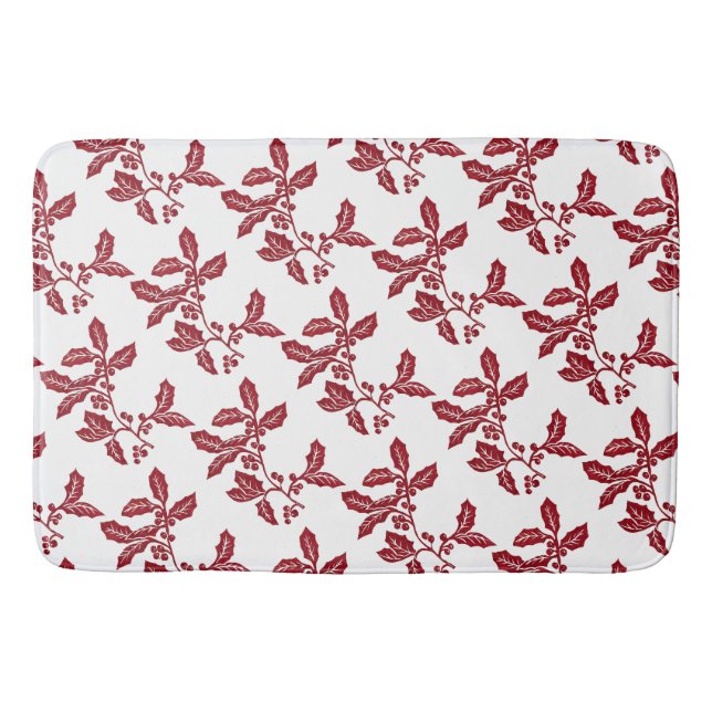 Hand-created linocut holly Christmas/holiday  Bath Mat (Front)