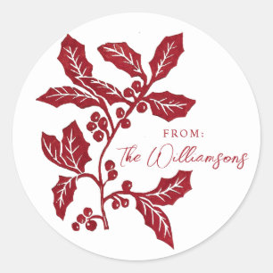 Hand-created linocut holly Christmas/holiday  Classic Round Sticker