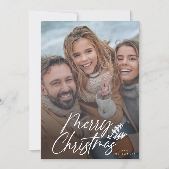 Hand-created Merry Christmas script w/ Pine boughs Holiday Card (Front)