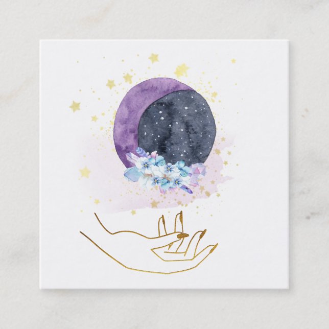 *~* Hand Crystals Moon Cosmos Sky Stars Square Business Card (Front)