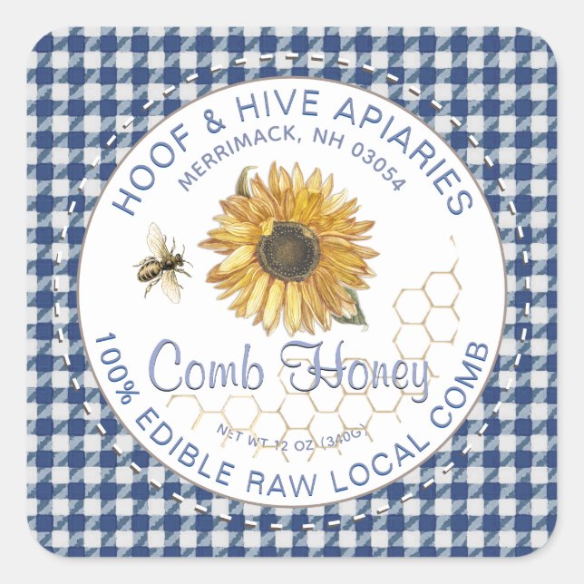 Hand Cut Comb Honey Sunflower Bee Rustic Gingham Square Sticker (Front)