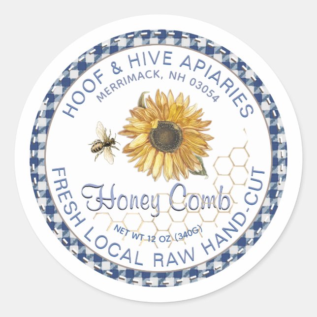 Hand Cut Honeycomb Sunflower Bee Rustic Gingham Classic Round Sticker (Front)