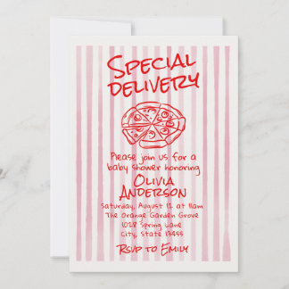 Hand Dawn Pink Pizza Special Delivery Baby Shower Invitation