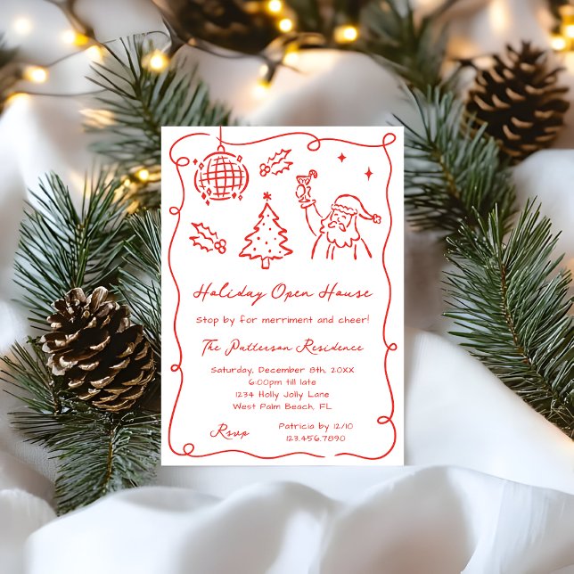 Hand Dawn Whimsical Red Funky Christmas Open House Invitation (Creator Uploaded)