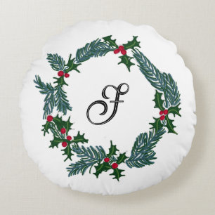 Hand-draw Christmas wreath, customisable initial Round Cushion