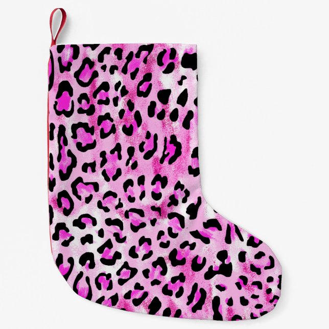hand draw pink colour seamless leopard pattern / i small christmas stocking (Front)