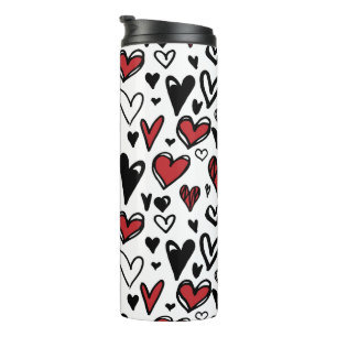 Hand Draw White, Black and Red Heart Shape Travel  Thermal Tumbler