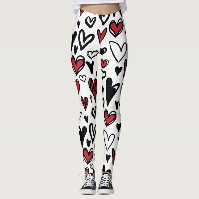 Hand Draw White, Black and Red Heart Shape Women  Leggings (Front)