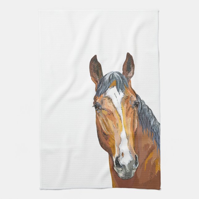 Hand drawing bay horse apron tea towel (Vertical)