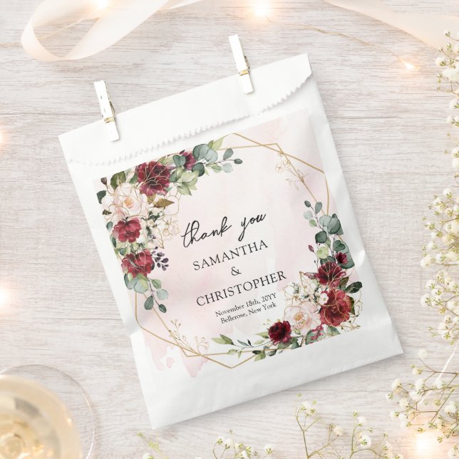 Hand drawing burgundy floral gold sage wedding favour bags (Clipped)