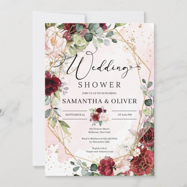 Hand drawing burgundy floral gold wedding shower invitation (Front)