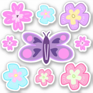 Hand Drawing Colourful Cartoon Flowers & Butterfly