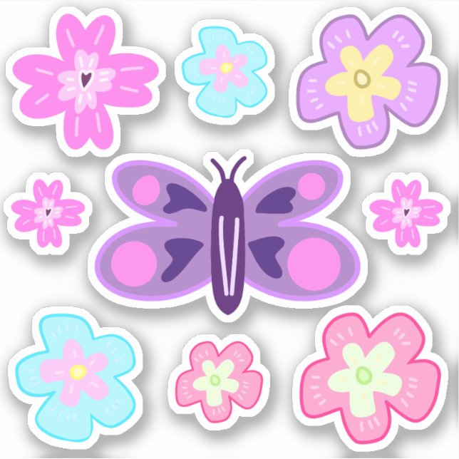 Hand Drawing Colourful Cartoon Flowers & Butterfly (Front)