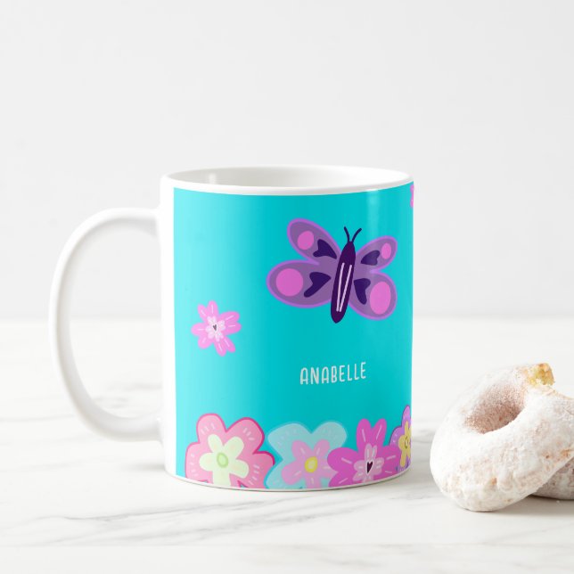 Hand Drawing Colourful Cartoon Flowers & Butterfly Coffee Mug (With Donut)