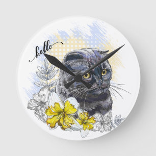 Hand drawing funny Black brittish cat with flowers Round Clock