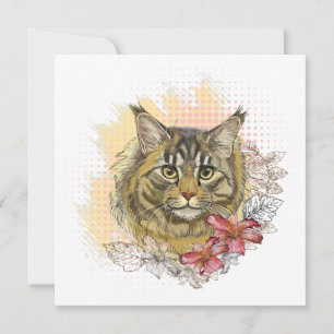 Hand drawing funny cute Maine coon with flowers