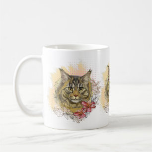 Hand drawing funny cute Maine coon with flowers Coffee Mug