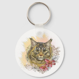 Hand drawing funny cute Maine coon with flowers Key Ring