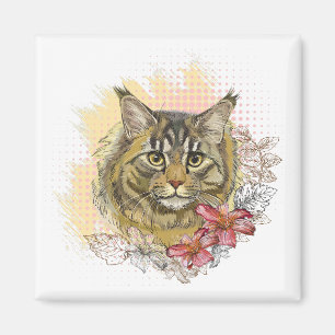 Hand drawing funny cute Maine coon with flowers Magnet