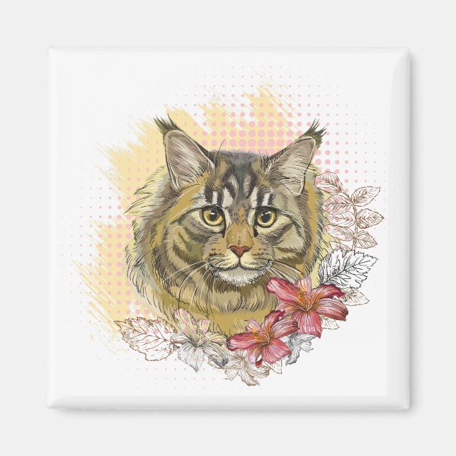 Hand drawing funny cute Maine coon with flowers Magnet (Front)