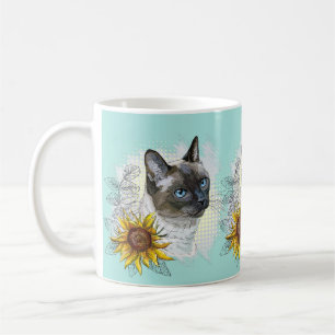 Hand drawing funny cute thai cat with flowers coffee mug