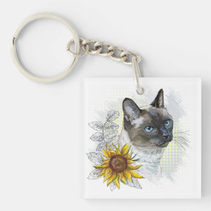 Hand drawing funny cute thai cat with flowers key ring