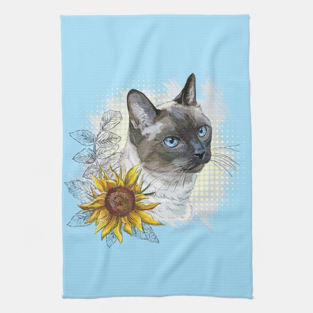 Hand drawing funny cute thai cat with flowers tea towel (Vertical)