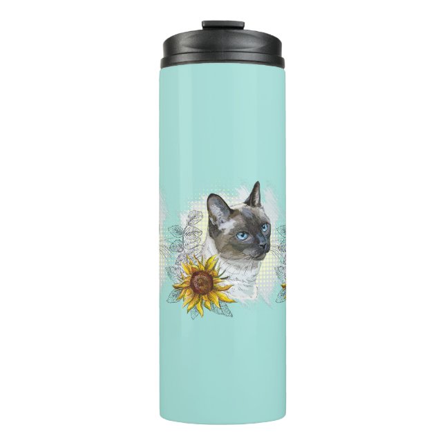 Hand drawing funny cute thai cat with flowers thermal tumbler (Front)