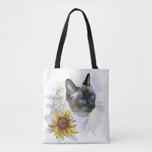 Hand drawing funny cute thai cat with flowers  tote bag