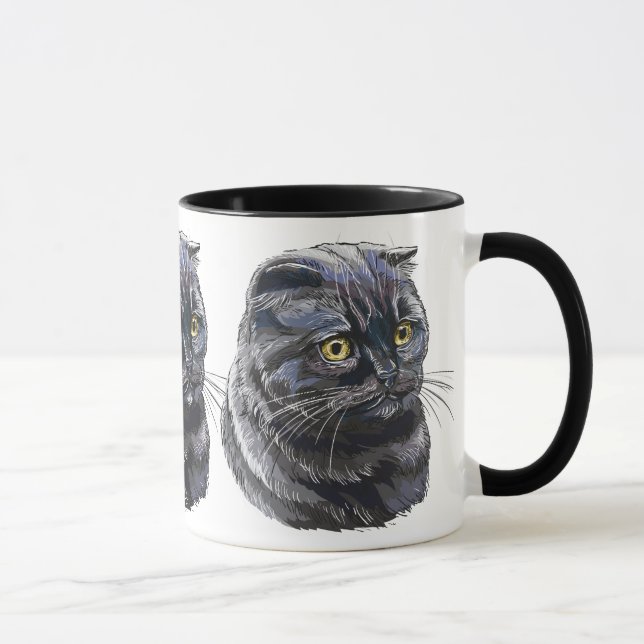 Hand drawing funny fluffy Black brittish cat. Mug (Right)