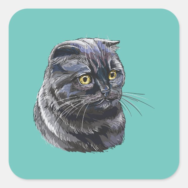 Hand drawing funny fluffy Black brittish cat. Square Sticker (Front)
