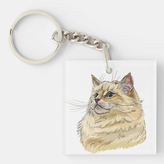 Hand drawing funny fluffy Ragdoll cat Key Ring (Front)