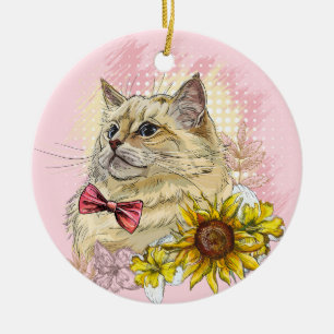 Hand drawing funny Red Ragdoll cat with flowers Ceramic Tree Decoration
